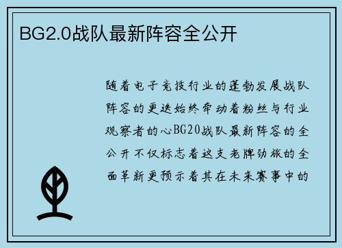 BG2.0战队最新阵容全公开